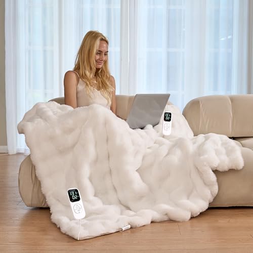 Image of IUUI Electric Heated Blanket Queen 84''x90'',Luxury Faux Rabbit Fur Heating Throw Blankets,Fast Heating with 1 /2 /4 /6 /8 /10 Hours,Overheat Protection, Quick Heating, Memory Function, Gift-Ready Design