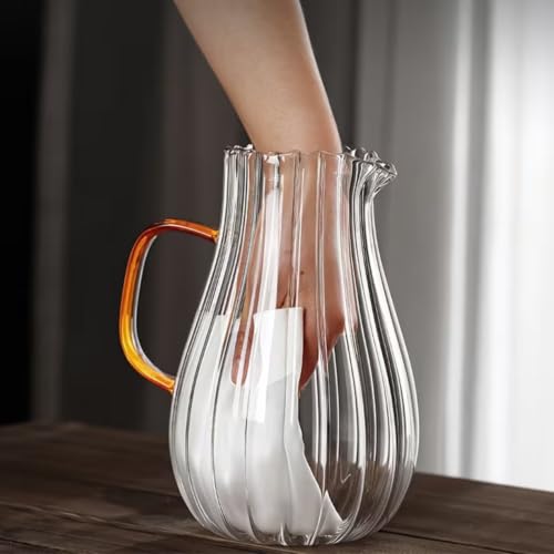 Image of Glass Water Jug - 1800ml, Transparent Water Serving Jug, Hot Cold Water Pitcher with Lid Water Jug, Iced Tea, Milk and Juice Beverage Carafe, Lemon Jug (Ribbed Jug)