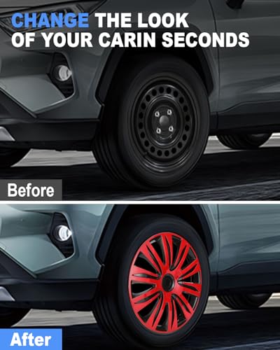 Image of ABX Hubcap Wheel Covers Hub Caps 16 Inch Set of 4 Black & Red Universal Wheel Rim Cover R16 Stylish Car Decor Wheel Covers