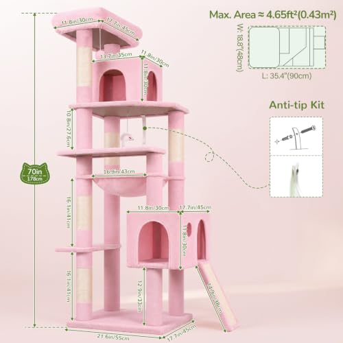 Image of Globlazer Pink Heavy Duty Cat Tree, 70 inch Sturdy Cute Cat Tower for Indoor Cats Extra Large Cat Tower with Scratching Post, Hammock, Cat Condo for Adult Cats Kittens, F70 Pro, Pink