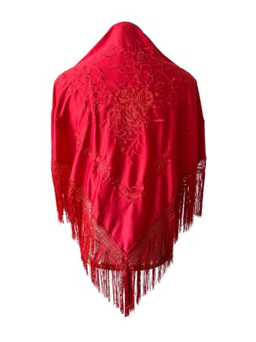 Genérico FLAMENKA ROCIERA Mantón de Flamenca, Mantoncillo Bordado Floral, 150x80cm con Flecos de 24cm, Poliéster