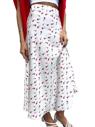 CORIRESHA Women's Elegant Cherry Print Ankle Length Flowy A-line Skirt