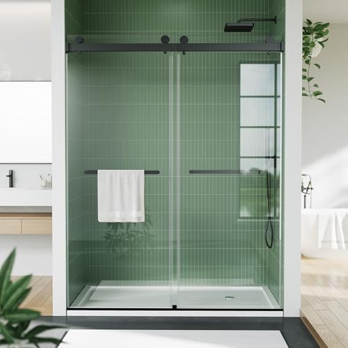 Image of Frameless Double Sliding Shower Door, 56-60 Inch Adjustable Width x 74 Inch Height, 1 /4 inch (6mm) Tempered Safety Glass with Easy-Clean Coating & Explosion-Proof Film, Soft Close, Matte Black