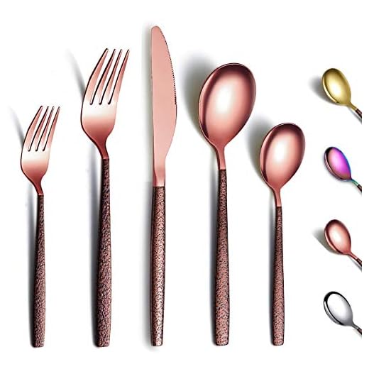 Berglander Juego de cubiertos de 30 piezas con mango de superficie lunar y cabeza de oro rosa brillante enchapado en titanio acero inoxidable cobre cuberteria utensilios servicio para 6