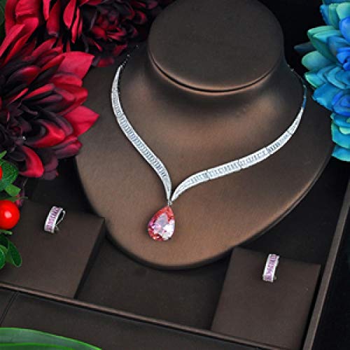 WJCRYPD Necklace Set Big Pink Water Drop Cubic Zircon Stone Jewelry Sets Necklace Sets Women Wedding Bride Dress Accessories Party Show Jewelry Set SurongL (Color : Platinum Plated)