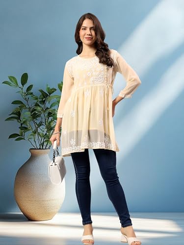 Image of Seva Chikan Hand Embroidered Lucknowi Chikankari Angarkha Georgette Top with Slip for Women SCL4041