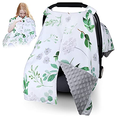 Image of Infant Car Seat Canopy for Baby Boys or Girls - 2 in 1 Car Seat Covers for Babies - Nursing Cover Up for New Mom - Super Warm Baby Carrier Cover (Leaf)