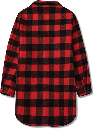 Image of SANGTREE Women and Girls Oversized Flannel Plaid Shirt Mid-Length Casual Button Down Shirt with Pockets