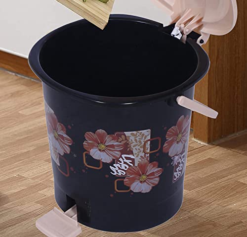 Image of Kuber Industries Durable Floral Print Plastic Pedal Dustbin|Waste Bin|Trash Can For Kitchen & Home With Handle,7 Litre (Black)
