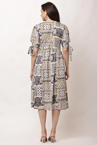 Image of JUSTHER Women's Jaipuri Ethnic Motif Print Fit and Flare Dress | V-Neck A-Line Midi Frock