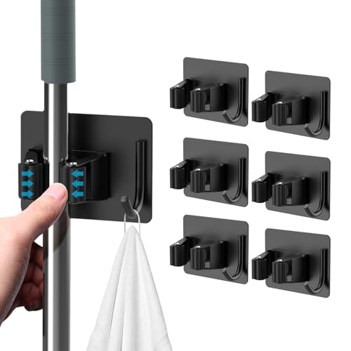 Image of homeasy Broom Holder Wall Mount 6Pcs, Self Adhesive Mop Broom Hanger Black | Self adhesive stainless steel broom organizer with 4 hooks, holds mops, brooms and garden tools without drilling
