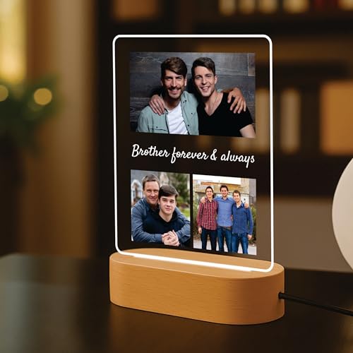 Image of Giftplease Personalized Custom Photo Acrylic Night Light - Engraved Led Picture Lamp with Wooden Base, Multi-Photo Collage Table Lamp, Custom Brother Forever Gift for Birthday, Anniversary, Rakhi