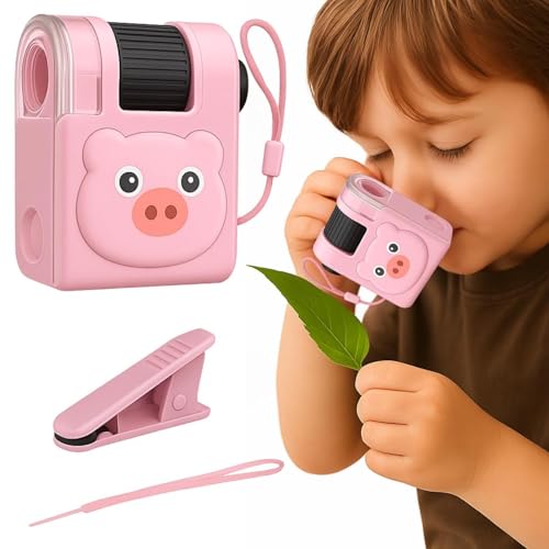 80X - Mini microscopio de mano para niños, diseño de cerdo con luz LED, juguete STEM de bolsillo para exploración de la naturaleza, aprendizaje de ciencias al aire libre para niños