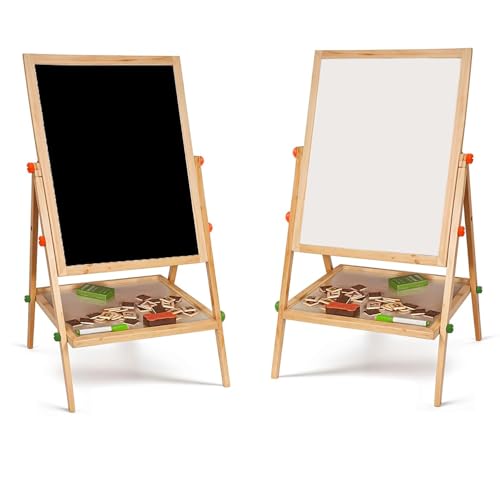 SASONS® Double Sided Kids 2 in 1 Quality Wooden Art Easel Adjustable Flip-Over Drawing Writing Board Whiteboard Blackboard Chalkboard for Children Fun Play Educational Activity Learning [100cm]
