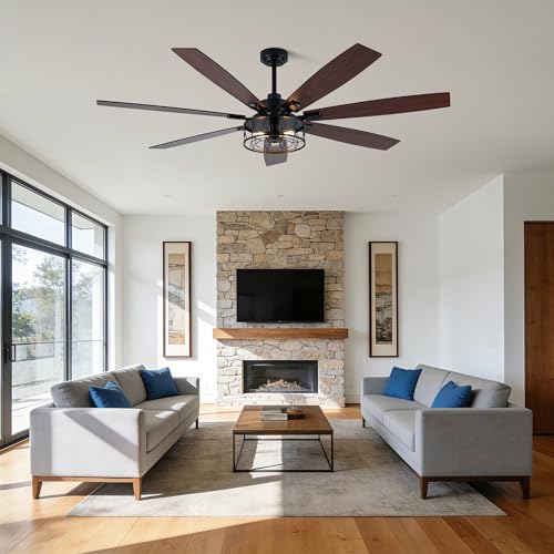 Image of Dawn Whisper 72 Inch Farmhouse Ceiling Fans with Lights Black Industrial Caged Ceiling Fans with 6 Speed Reversible Motor and Dual Finish 8 Blades Rustic Ceiling Fan for Living Room