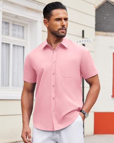 Image of Alimens & Gentle Men's Short Sleeve Dress Shirts Wrinkle Free Untucked Casual Button Down Shirt