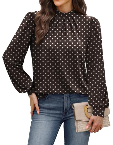Image of WIHOLL Long Sleeve Shirts for Women Mock Neck Tops Pleated Front Blouses Dressy Casual Spring Fall Clothes 2026 Fashion