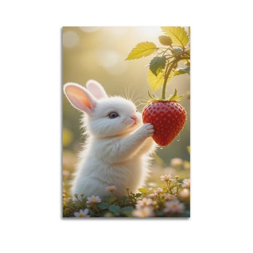 Art mural lapin blanc et fraise 60x90cm toile artistique moderne
