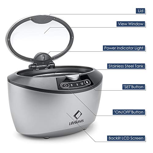 Life Basis Professional Ultrasonic Cleaner, 42KHz Sonic Cleaning Stainless Steel 750ML Automatic Timer Cleaner for Jewelry Glasses Rings Coins Watches Professional for Home (Grey White)