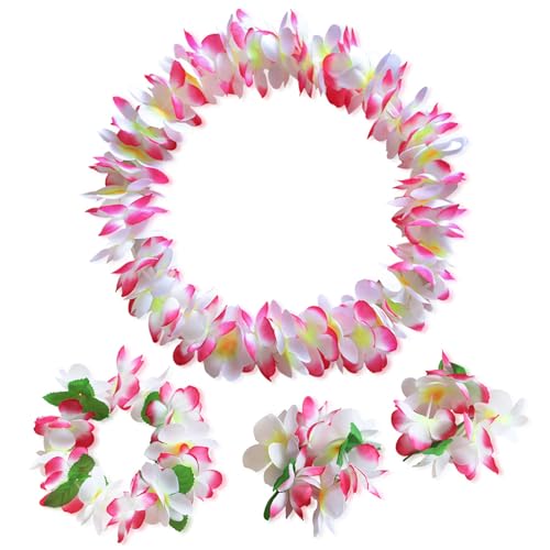 Aacehlh Hawaiian Luau Flower Leis Necklace Headband Bracelets Set Perfect Luau Party Supplies for Summer Beach Vacations Essential Party Decorations for Birthday Graduation and Wedding Celebrations (Pink)