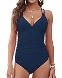 LAPHEE ROSE One Piece Swimsuit for Women Tummy Control Sexy Bathing Suit Ruched Swimwear Blue L