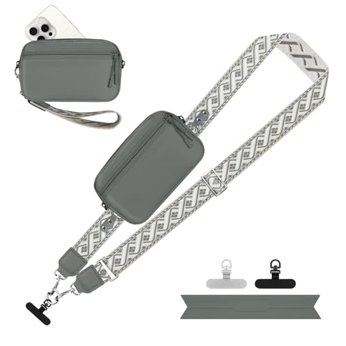 Image of YFWE Clip and Go Strap for Phone with Wallet Crossbody, Adjustable Phone Lanyard with Detachable RFID Wristlet Wallet, Pattern Strap - Grey(L)
