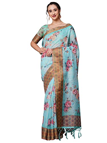 Image of AKHILAM Women's Ikat Linen Saree With Blouse Piece