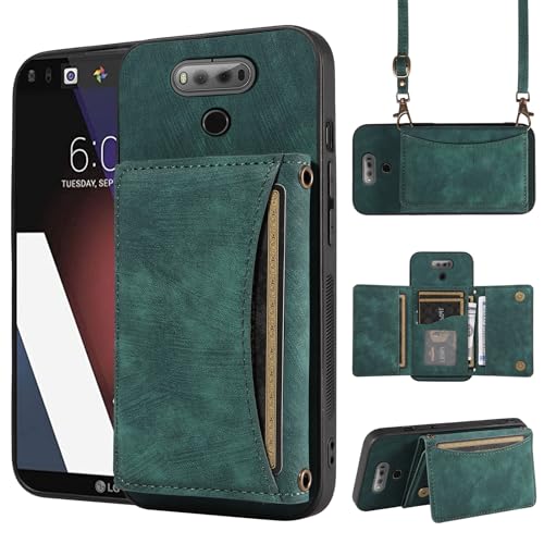 Dswteny Phone Case for LG V20 Wallet Cover with Crossbody Shoulder Strap and Leather Credit Card Holder Pocket Slim Stand Cell Accessories Mobile Flip Purse LGV20 LG20 V 20 ThinQ Women Girls Green