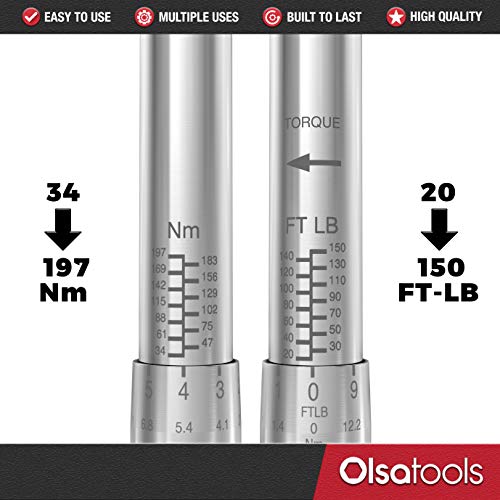 Olsa Tools Click Torque Wrench, 1/2-Inch Drive (20-150 ft-lb Torque Range) | Premium Precision Ratcheting Adjustable Torque Wrench | ±3% Torque Accuracy Clockwise | Professional Grade