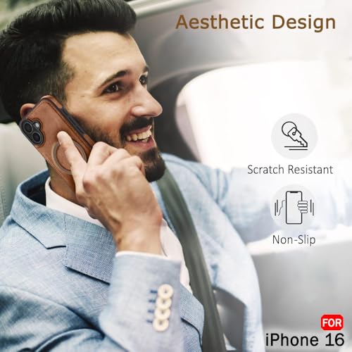 Image of TheGiftKart Genuine Leather Finish Back Cover Case for iPhone 16 | Shockproof Design | Raised Edges for Camera & Screen Protection | Stunning Minimalist Design Case Cover (Compatible MagSafe, Brown)