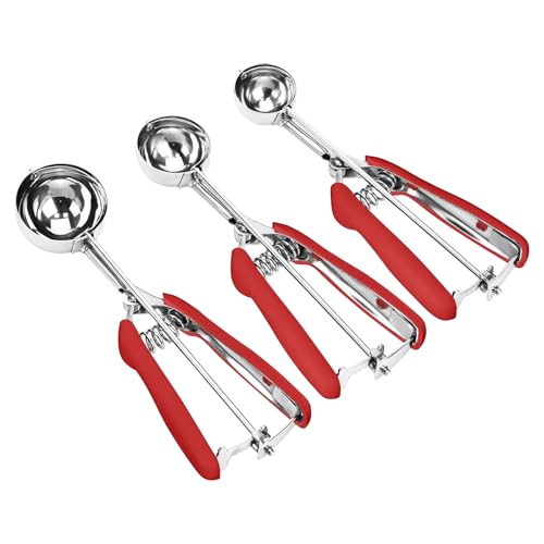 Cookie Scoop Set, 3Pcs Ice Cream Scoop, Cookie Scoops for Baking Set of 3, 18/8 Stainless Steel Cookie Scooper for Baking, Ice Cream Scooper with Trigger Release, Red Soft Grip Cookie Dough Scoop