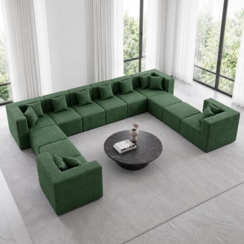 Image of MONVANE 185 inch U-Shaped 12 Seat Modular Sectional Cloud Couch, Forest Green | Sectional Couches for Living Room, High Supportive Backrests, Movable Ottomans, Deep Seat, No Assembly Required