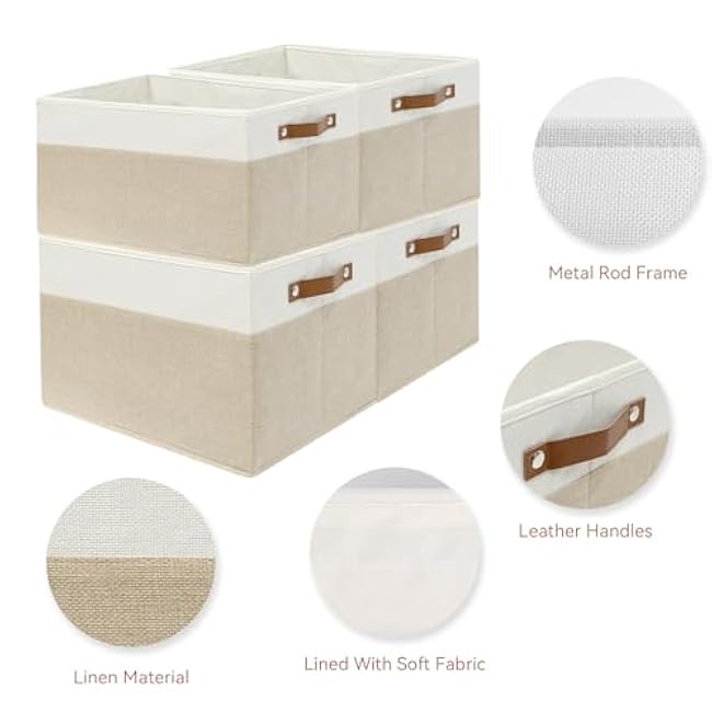 SNWDN 6 Pack Fabric Storage Baskets for Organizing Collapsible Fabric Storage Bins with Handles for Home and Office Organizing (White/Beige 15''Lx10.2''Wx9''H)