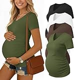 Ekouaer 4 Pack Maternity Shirts V Neck Maternity Top Short Sleeve Casual Tee Side Ruched Pregnancy Clothes Black/Brown/Army Green/White XL