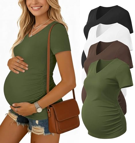 Ekouaer 4 Pack Maternity Shirts V Neck Maternity Top Short Sleeve Casual Tee Side Ruched Pregnancy Clothes Black/Brown/Army Green/White XL