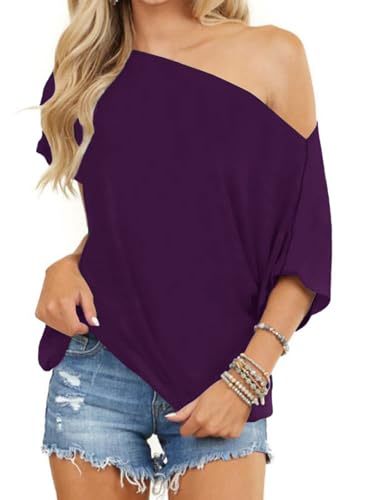 Eniloyal Off The Shoulder Tops for Women Short Sleeve T Shirts Casual Loose Batwing Summer Tops Oversized Tshirt Blouse Tunic Purple