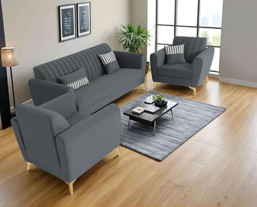Image of Adorn India Premium Luster 3-1-1 Sofa Set | Velvet Suede Fabric | 3-Year Warranty | Color Dark Grey with Golden Legs & Striped Pattern Cushion