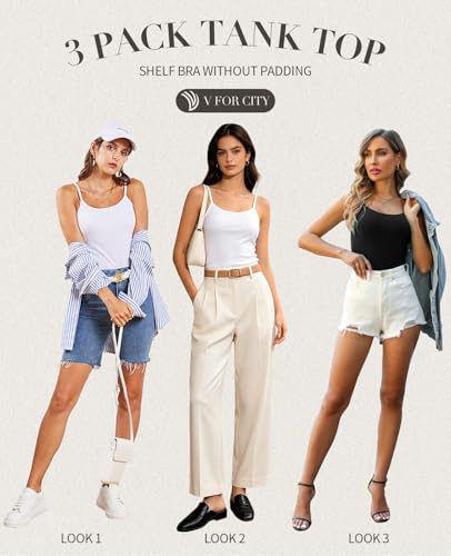 Image of V FOR CITY Unpadded Tank Top for Women with Shelf Bra Cotton Camis 3 Pack