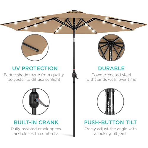 Best Choice Products 10ft Solar Polyester LED Lighted Patio Umbrella w/Tilt Adjustment and UV-Resistant Fabric - Tan