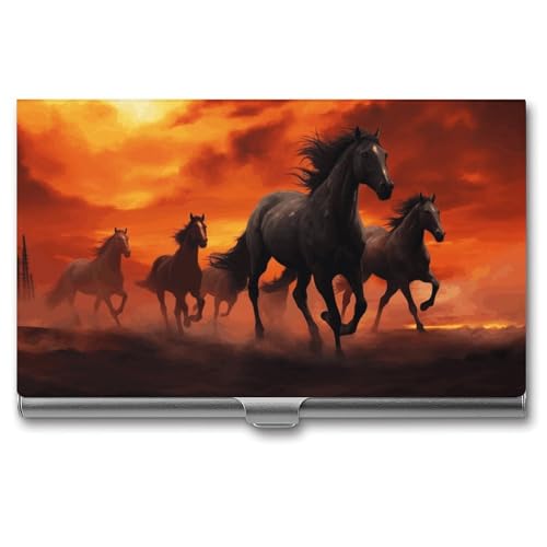 Slim Metal Business Card Holder - Horses Red Glowing Clouds Aluminum Alloy Card Case with Buckle Closure, Holds 20 Cards & Cash, Professional Credit Card Size ID Holder for Men Women Gift