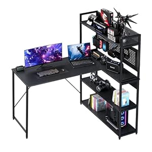 Yansee L-förmiger Schreibtisch, Gaming-Tisch mit Regal mit LED mit USB-Ladeanschluss,Type-c und Steckdose, 120 * 50 * 75.5cm Eckschreibtisch für Heimbüro für Homeoffice, Schwarz