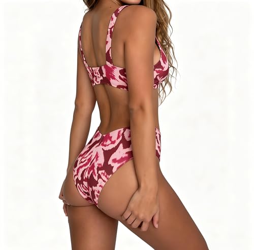 Image of geluboao Bikini Set for Women Solid V Neck Knot Front Push Up High Leg Thong Two Piece Swimsuit