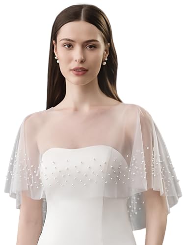 Pearl Shawl Wrap Shrug Bridal Cape Sheer Tulle White Black Elegant Wedding Cape Dress Cover Up for Women Girls