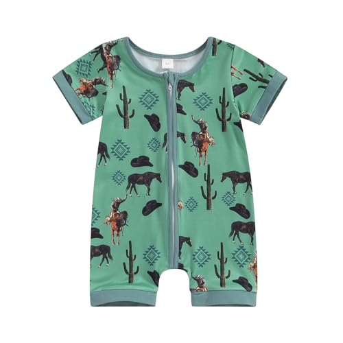 Image of Muasaaluxi Western Baby Girl Boy Clothes Short Sleeve Cow Print Romper Zipper Bodysuit Jumpsuit Summer Clothes 0-18M