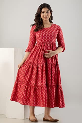 Image of Women's Cotton Anarkali Comfortable Maternity Feeding Kurta Dress with Zippers
