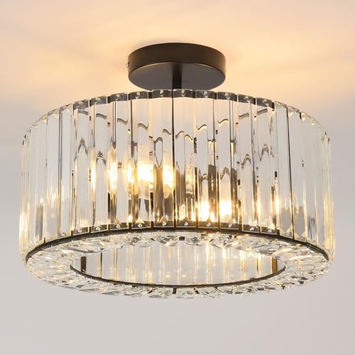 ANWIO Lustre Cristal Moderne Noir, Lustre Salon E27, Plafonnier Led Ø365mm, Luminaire Plafonnier Chambre, Salle à Manger, Cuisine