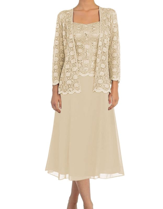 Mother of The Bride Dresses Tea Length-Evening Formal Dress Lace Wedding Guest Groom Dresses for Women with Jacket