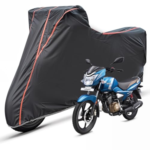 Image of Two Wheelers Bike Body Cover Compatible for TVS Victor, UV Resistant, Dustproof, Triple Stitched, Elastic Bottom, Red Piping Motorcycle Cover (Black, Pack of 1)