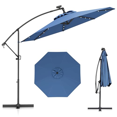 COSTWAY Sombrilla Terraza Exterior 3x3, Parasol Excentrico con 32 Luces LED Solar, Base Cruzada, Ajuste de Inclinación y Manivela, Rotación de 360°, Sombriila Jardin Terraza Balcón Patio (azul)