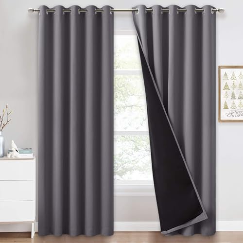 PONY DANCE 100% Blackout Double-Layer Curtains with Liner - Thermal Insulated 66x90 Inch Long Curtains for Bedroom Living Room, Energy Energy & Noise Reducing, Grey Grommet Blackout Drapes, 2 Panels